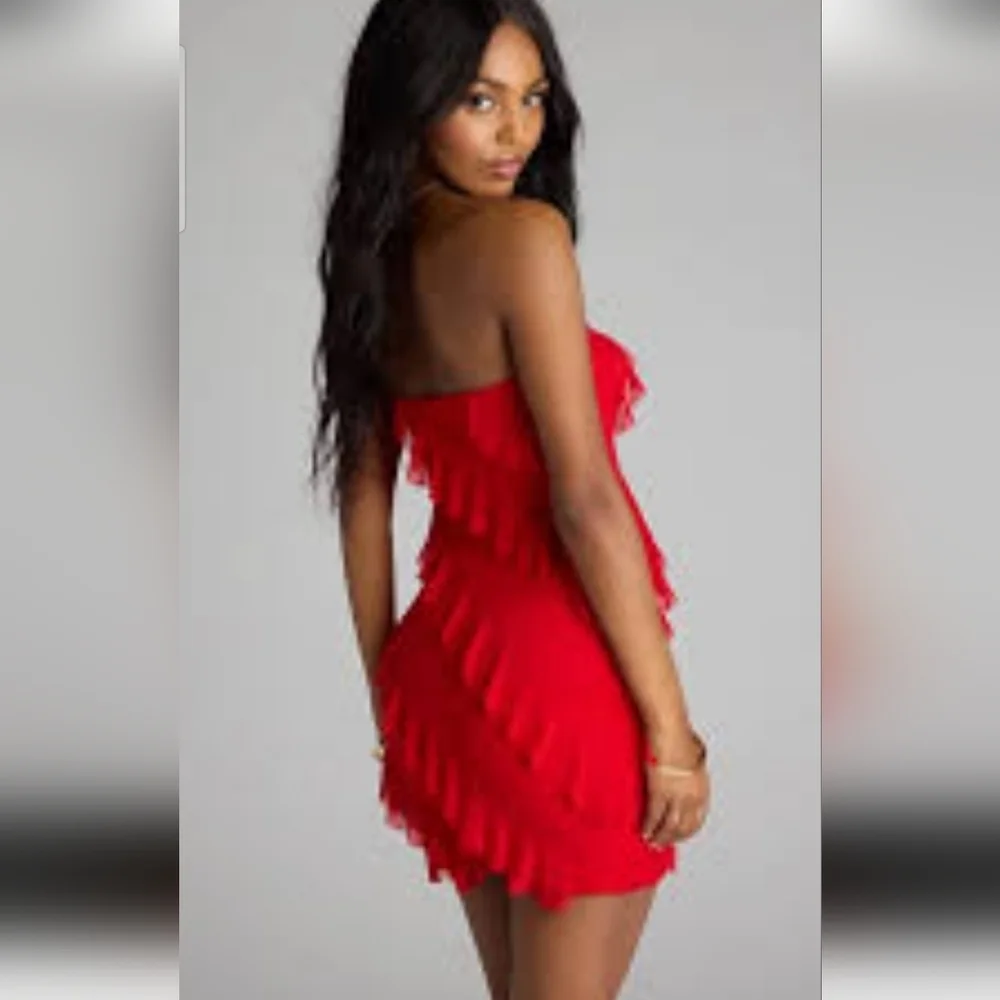 Strapless Red Ruffle Cocktail Mini Dress – Stretch Mesh Bodycon